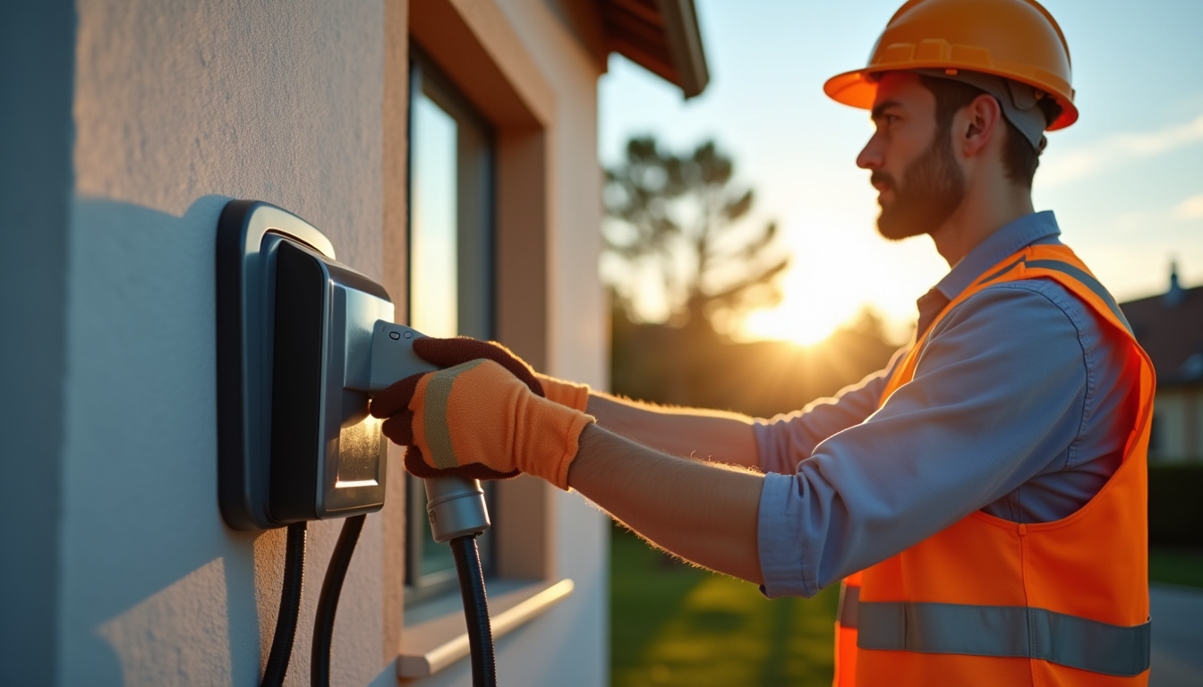 Électricien IRVE en train d'installer une borne de recharge sur un mur extérieur à Parentis-en-Born