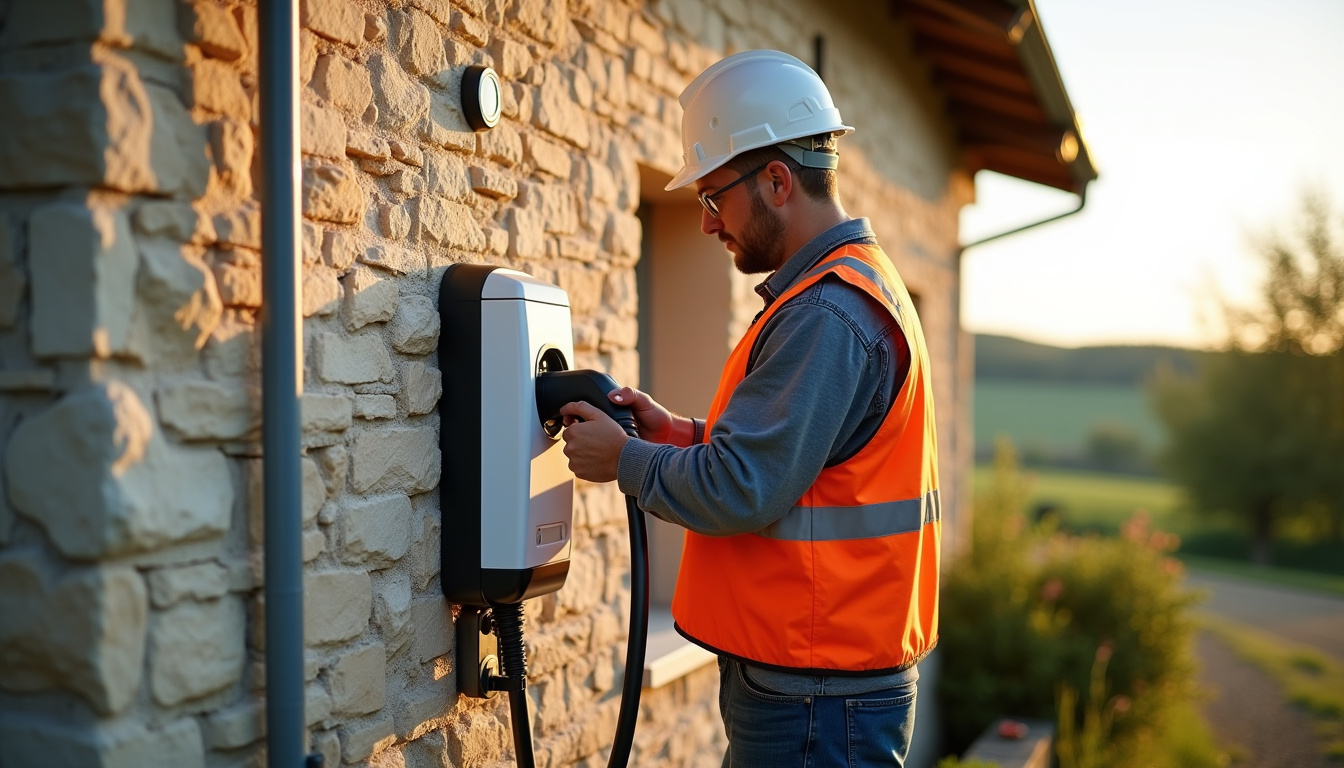 Électricien IRVE en train d'installer une borne de recharge sur un mur extérieur à Rimogne