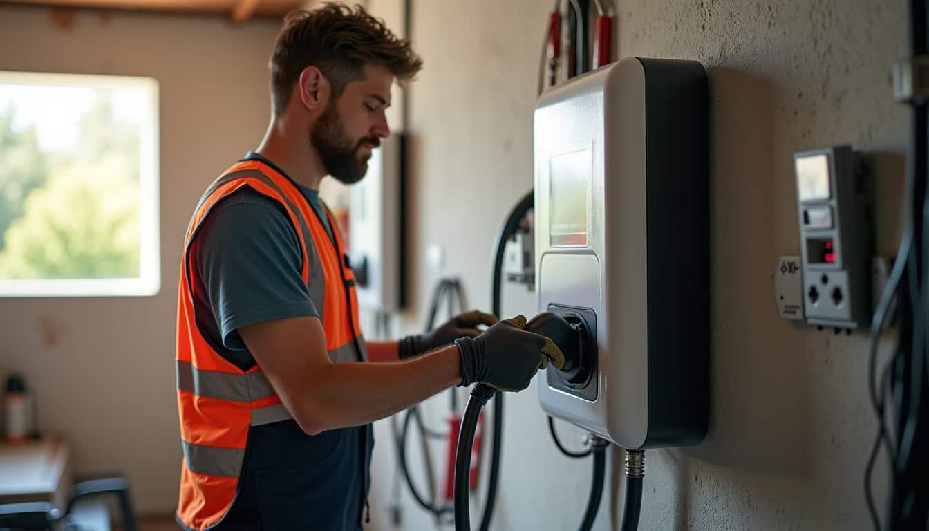 Électricien IRVE en train d’installer une borne électrique à Mens
