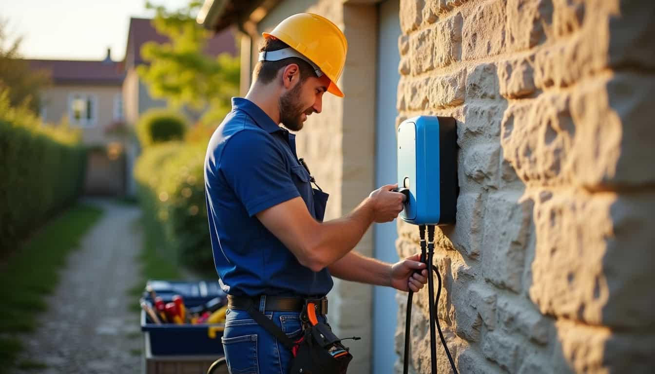 Électricien IRVE en train d'installer une borne murale à Moreuil