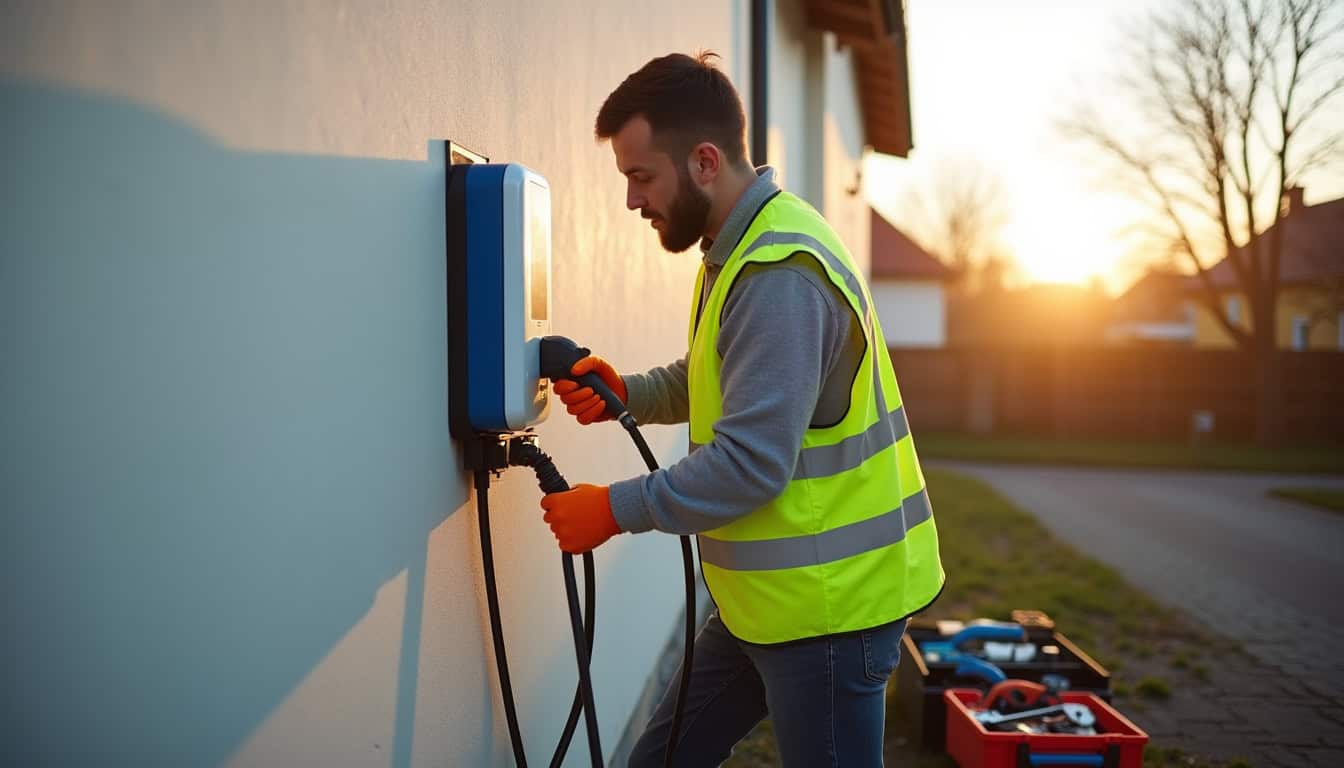 Électricien professionnel certifié IRVE en train d'installer une borne de recharge à Saint-Grégoire