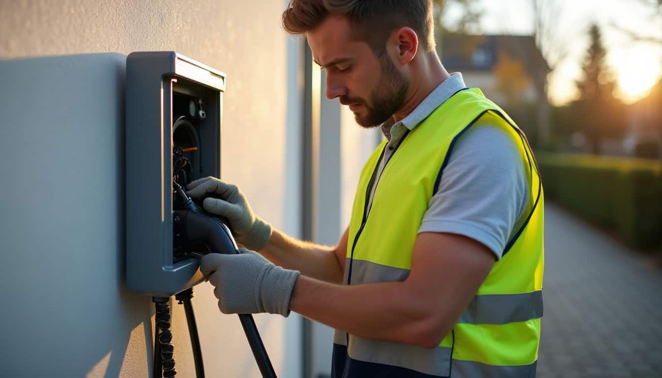 Électricien professionnel certifié IRVE en train d'installer une borne de recharge pour véhicule électrique à Lespinasse