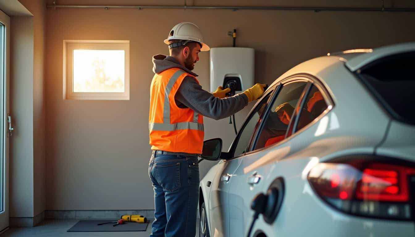 Électricien professionnel en train d’installer une borne de recharge dans un garage à Saint-André-de-la-Roche