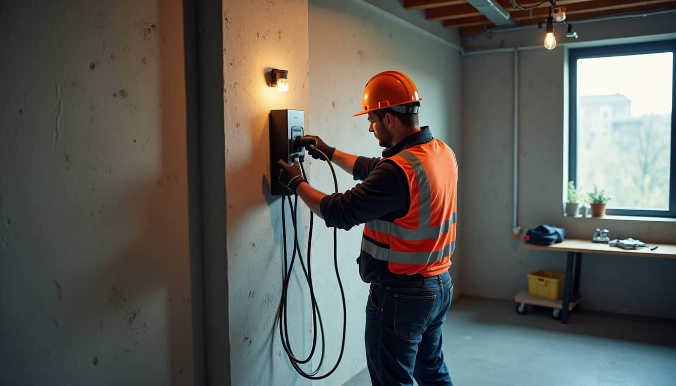 Électricien professionnel en train d'installer une borne de recharge dans un garage à Truyes