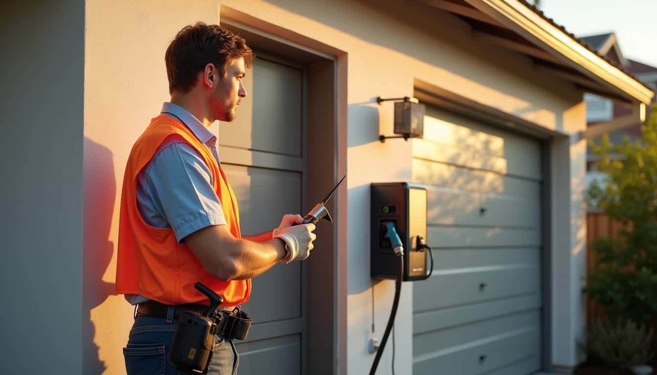 Électricien professionnel en train d'installer une borne de recharge électrique à domicile