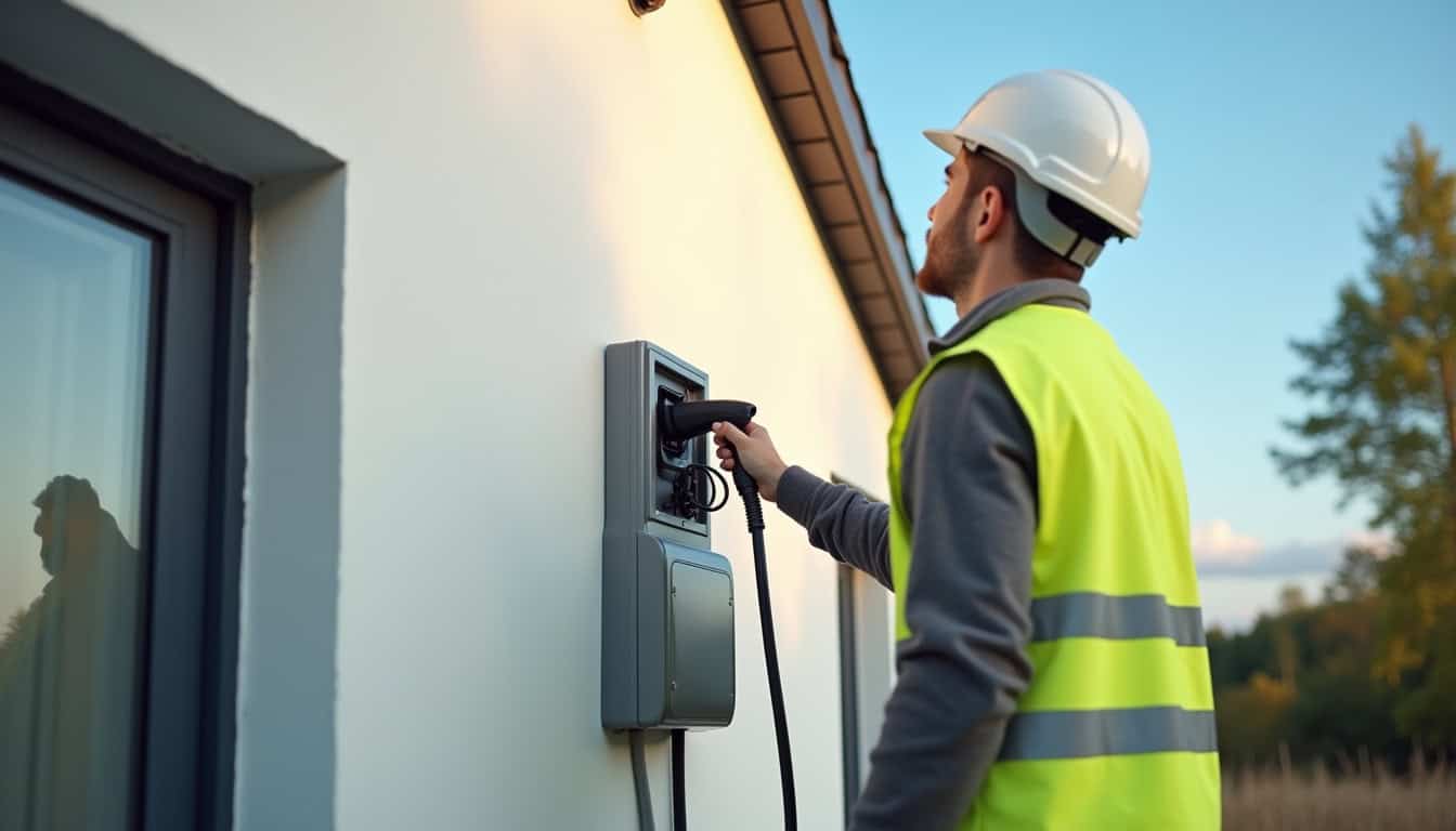 Électricien professionnel en train d'installer une borne de recharge électrique à Le Breil-sur-Mérize