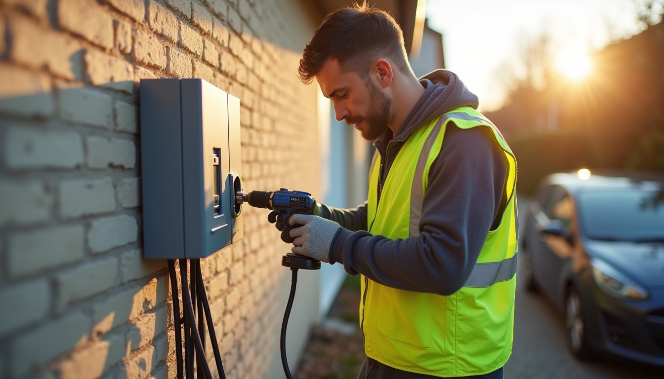 Électricien professionnel installant une borne de recharge électrique à Mont-Saint-Aignan