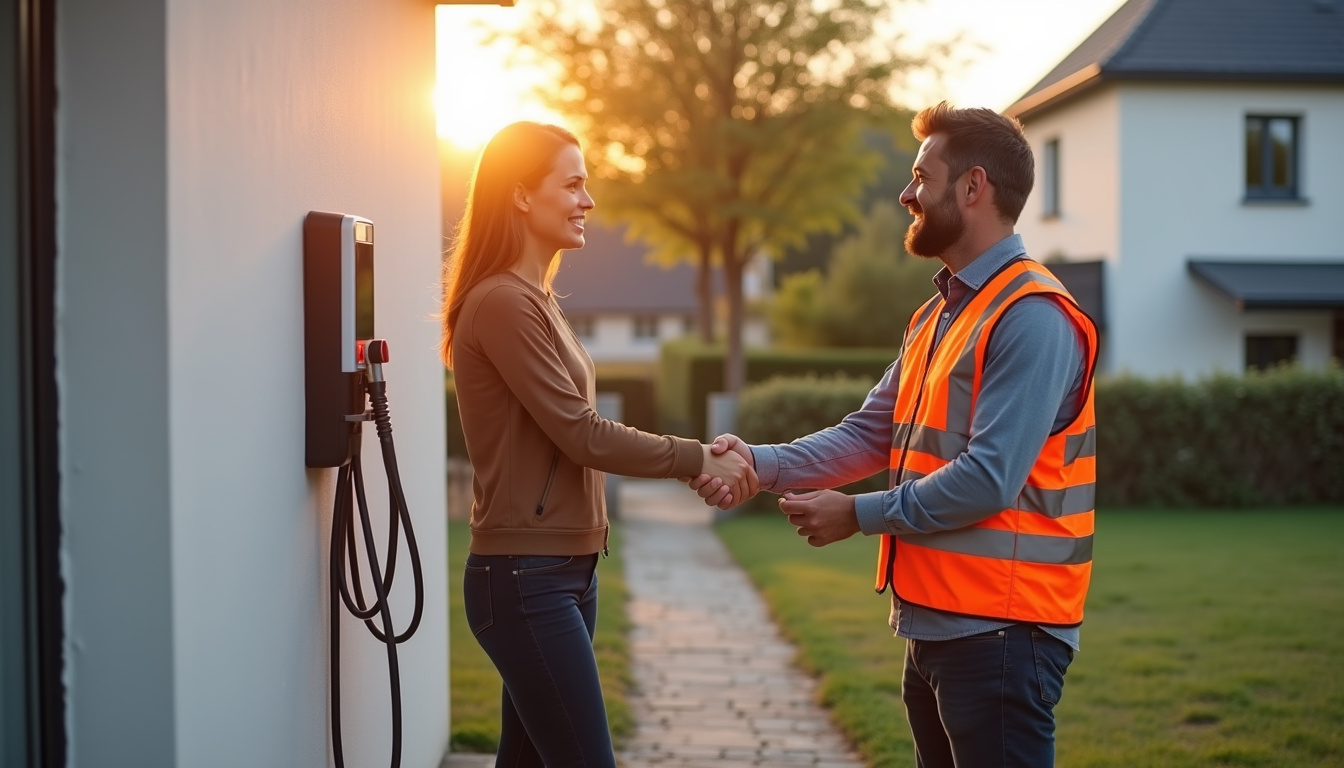 Électricien qualifié IRVE en train de discuter avec un client devant une borne installée