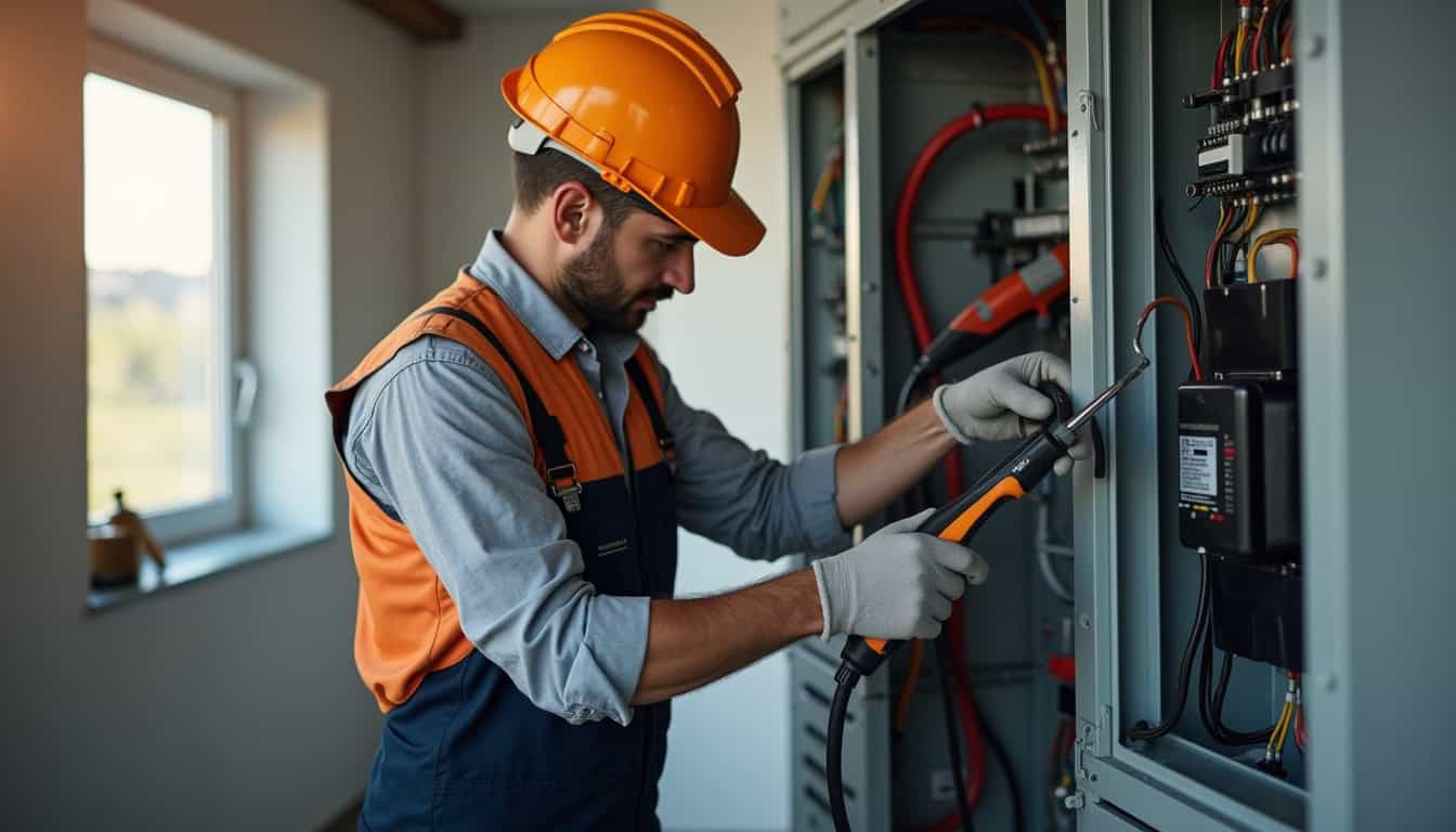 Électricien qualifié IRVE en train de travailler sur un tableau électrique en vue d'installer une borne de recharge à Pont-sur-seine