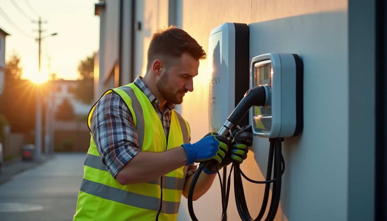 Électricien qualifié IRVE en train d'installer une borne de recharge à Bernis