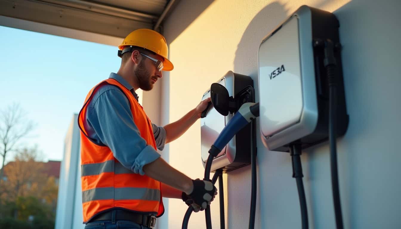 Électricien qualifié IRVE en train d'installer une borne de recharge à Erquy