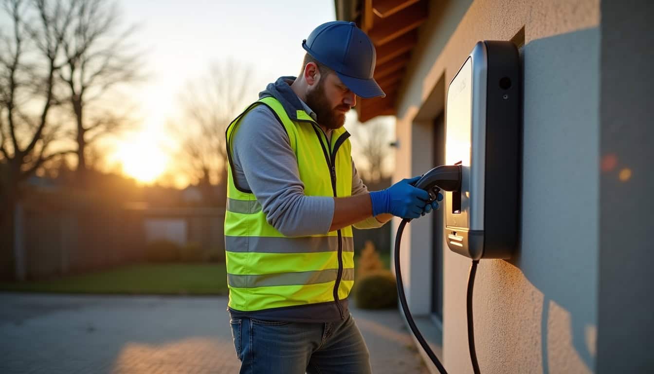 Électricien qualifié IRVE en train d'installer une borne de recharge à Serre-les-Sapins
