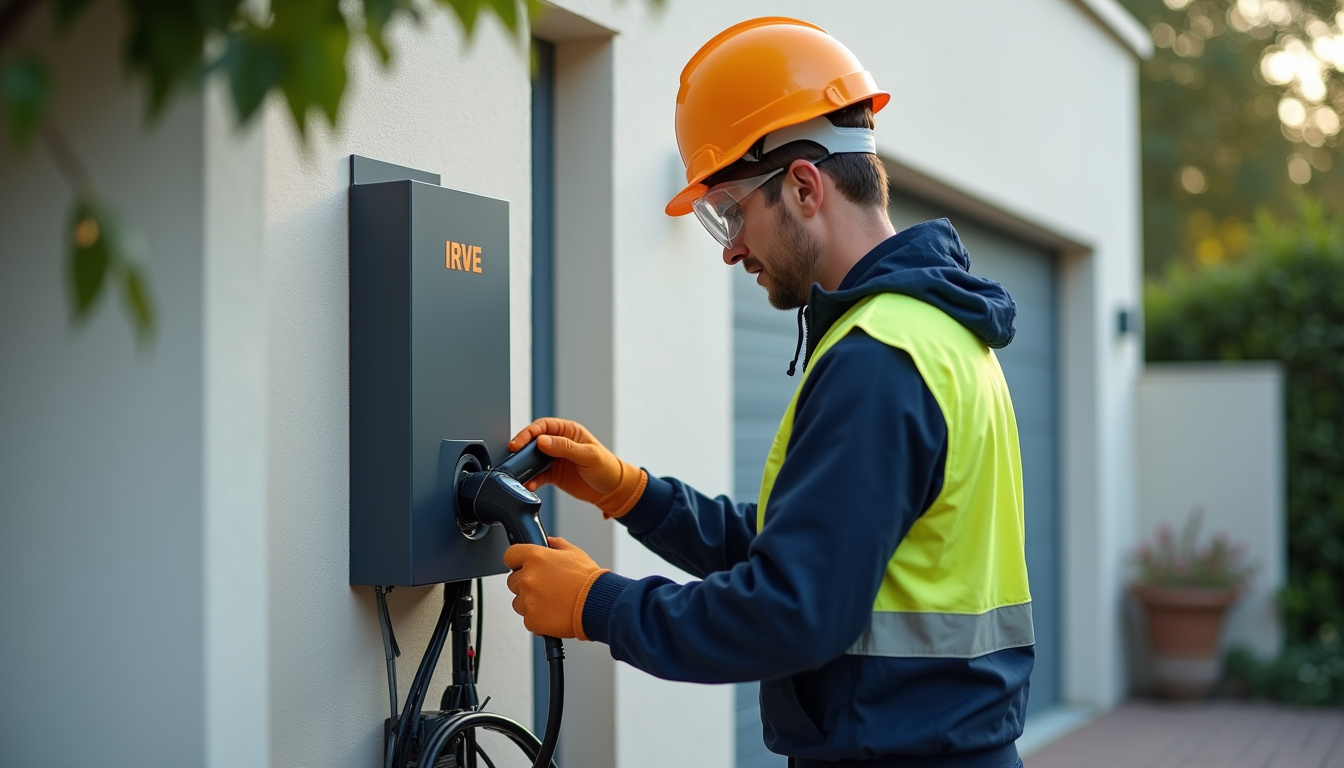 Électricien qualifié IRVE en train d'installer une borne de recharge à Tressange
