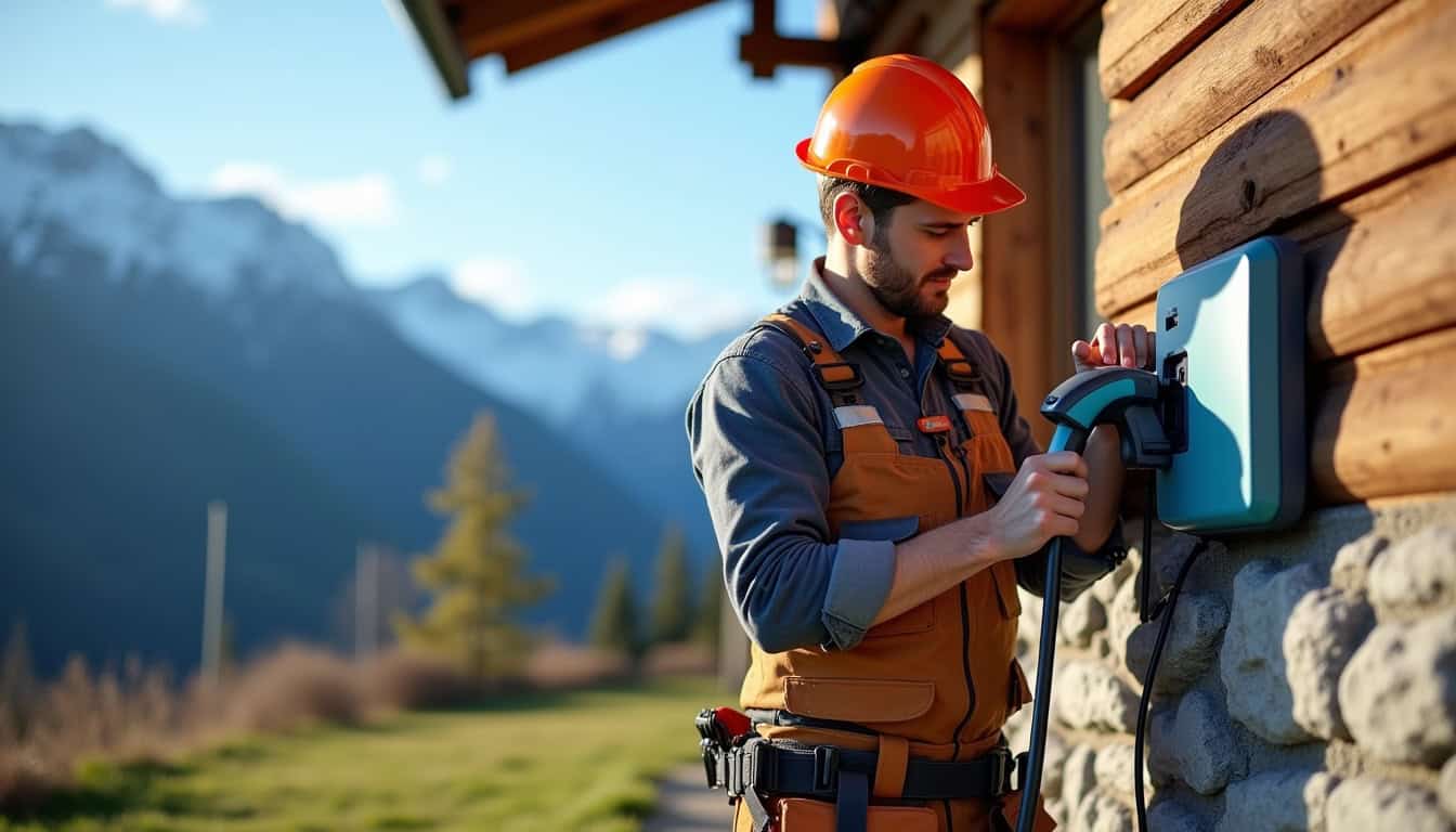 Électricien qualifié IRVE en train d'installer une borne de recharge dans les Hautes-Alpes