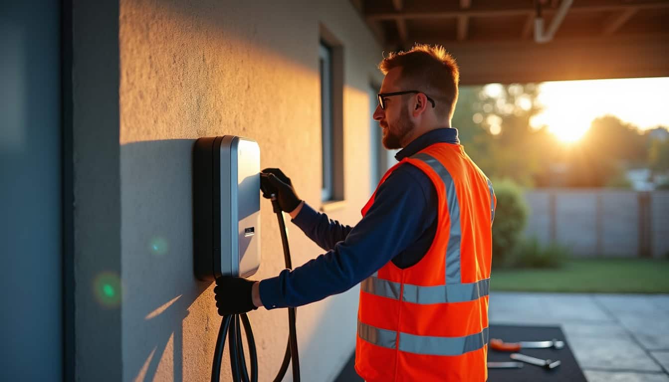 Électricien qualifié IRVE en train d'installer une borne de recharge dans un garage à Chazay-d’Azergues