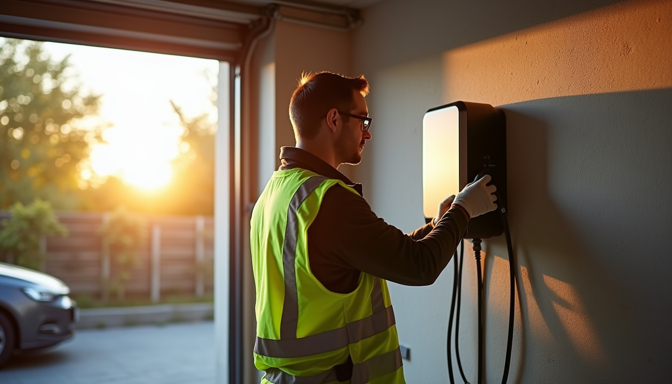 Électricien qualifié IRVE en train d'installer une borne de recharge dans une maison à Arçonnay
