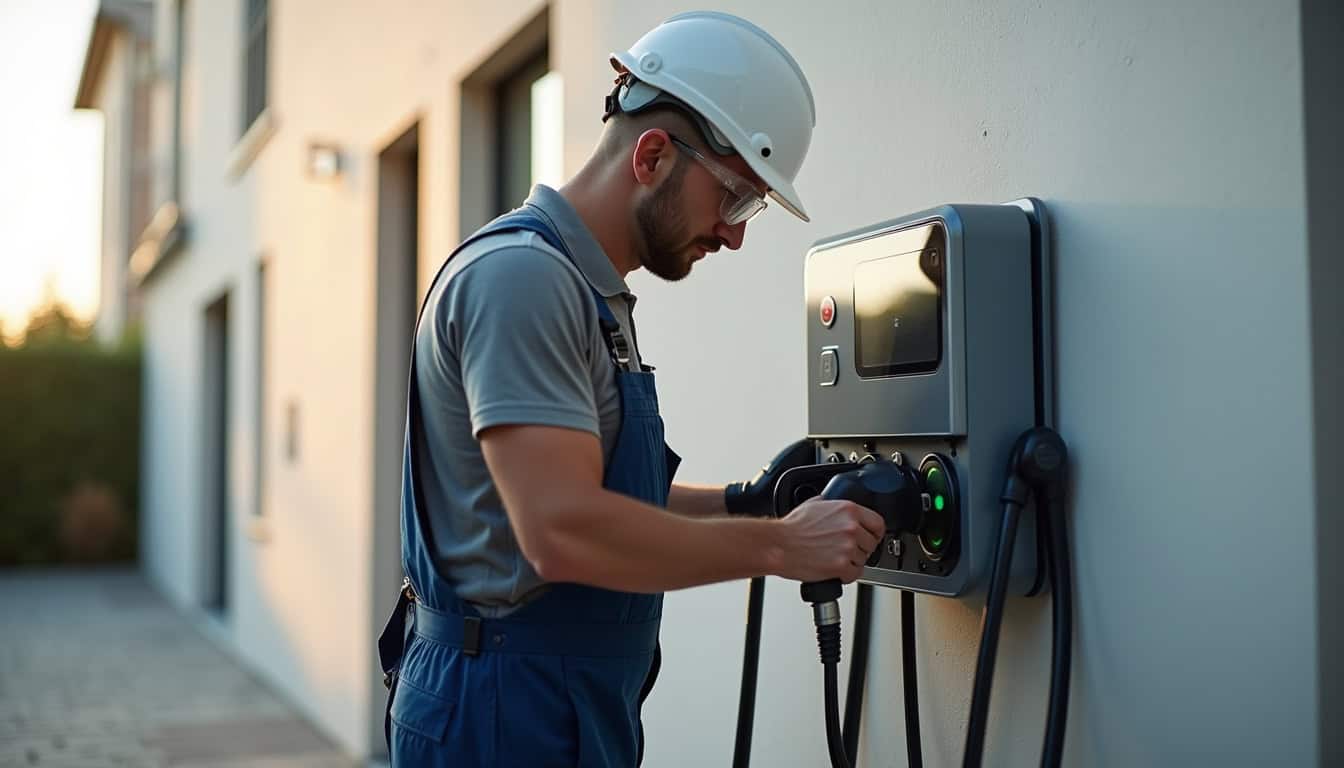 Électricien qualifié IRVE en train d'installer une borne de recharge électrique