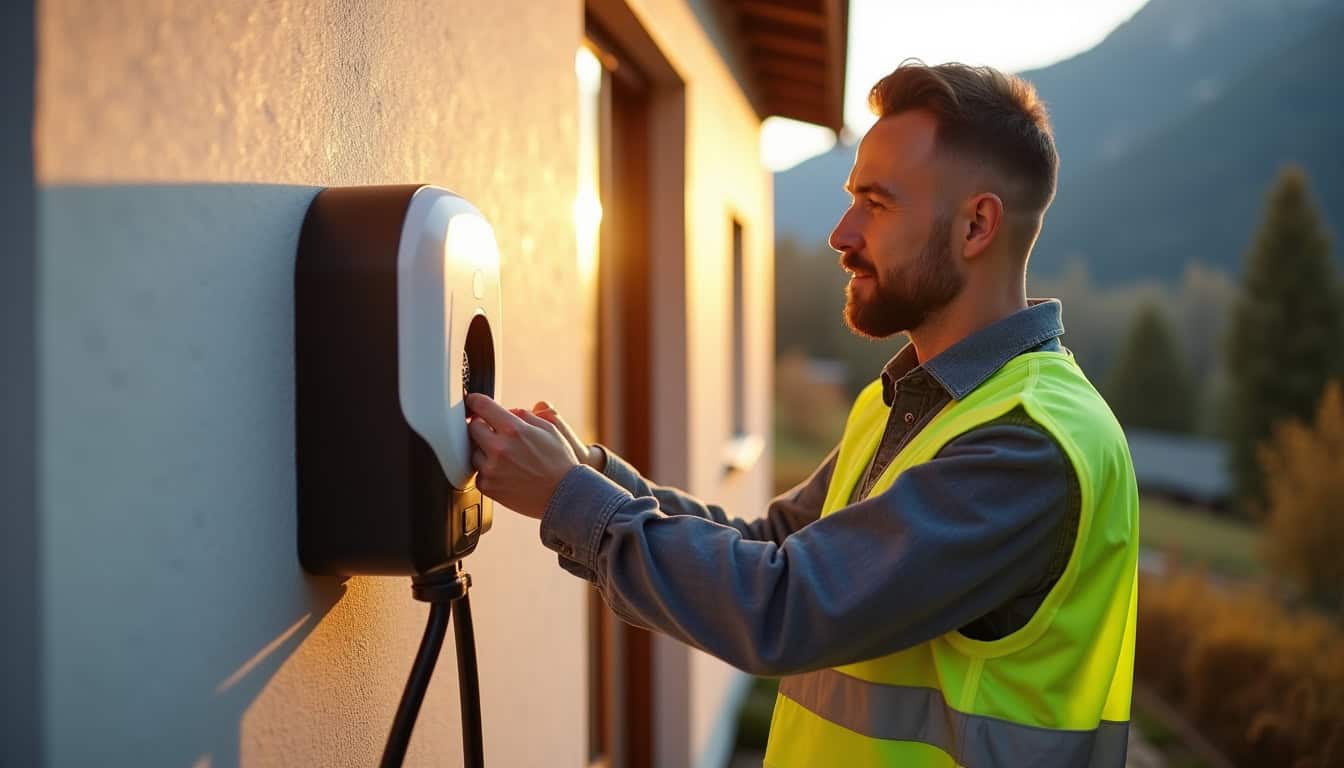 Électricien qualifié IRVE en train d'installer une borne de recharge sur un mur extérieur