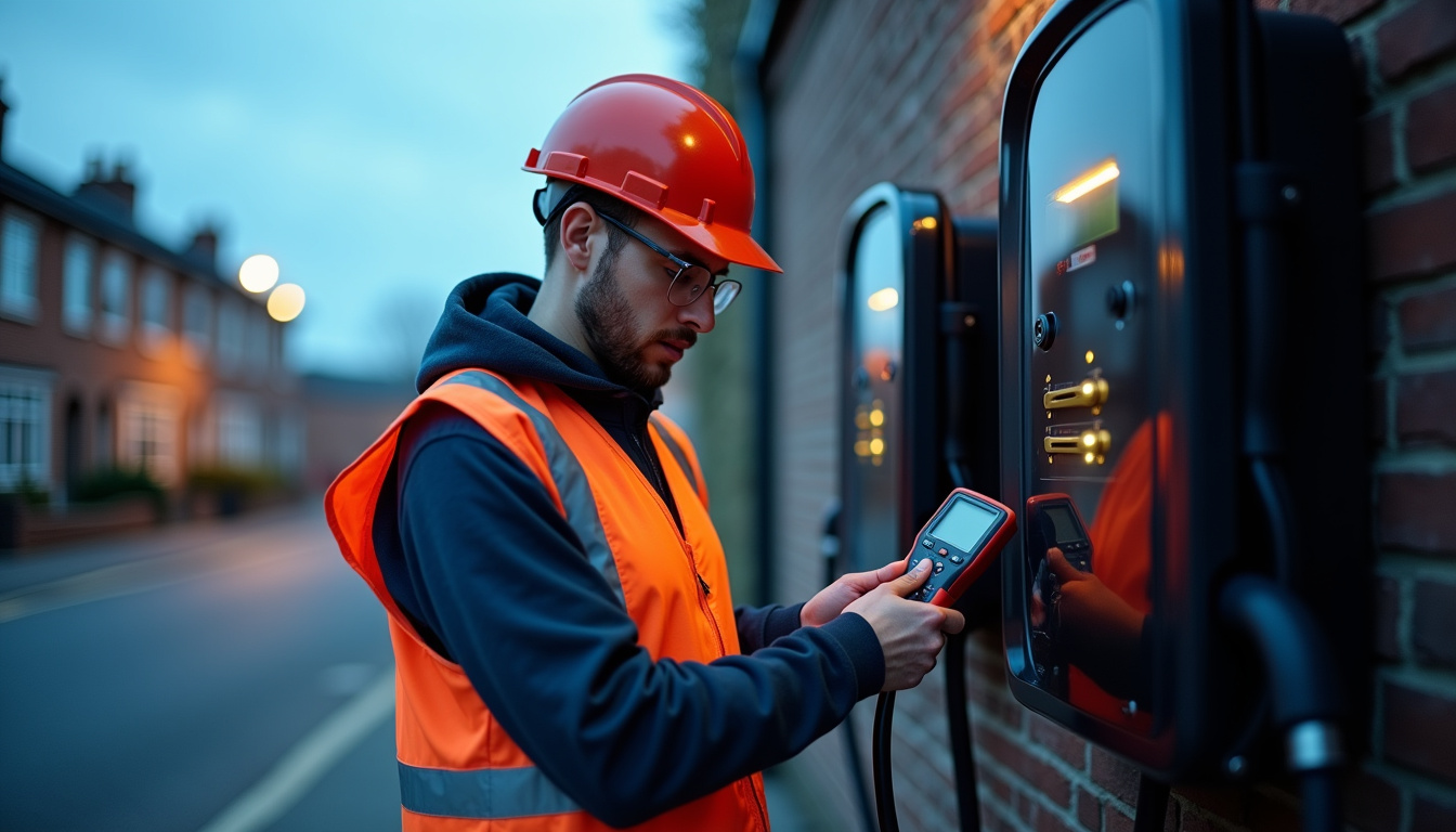 Électricien qualifié IRVE testant une borne de recharge nouvellement installée