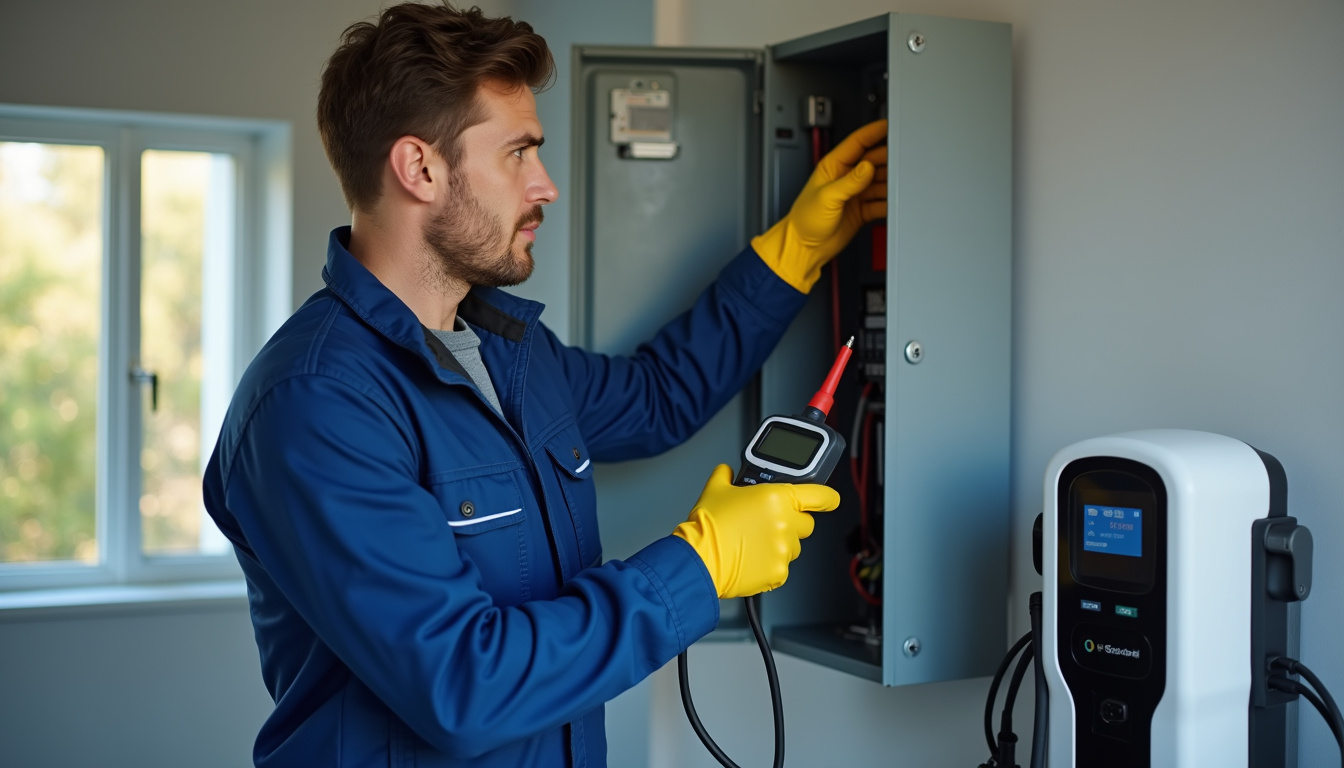Électricien réalisant un diagnostic de l'installation électrique avant l'installation d'une borne