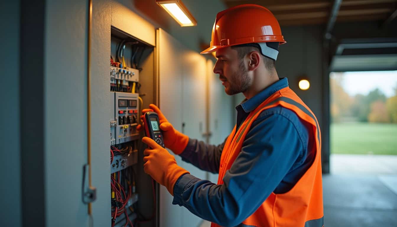 Électricien vérifiant la puissance d'une installation électrique pour une borne de recharge