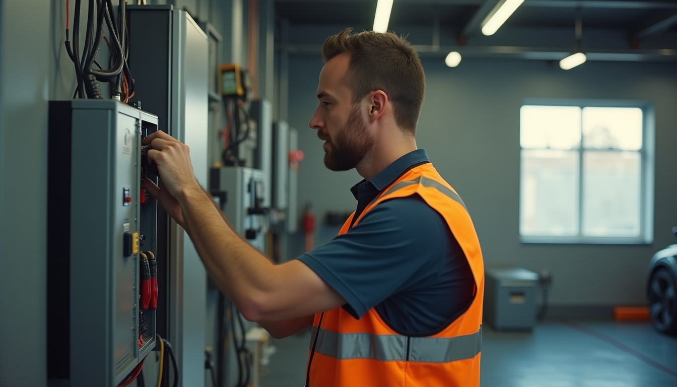 Électricien vérifiant un tableau électrique avant installation d'une borne de recharge