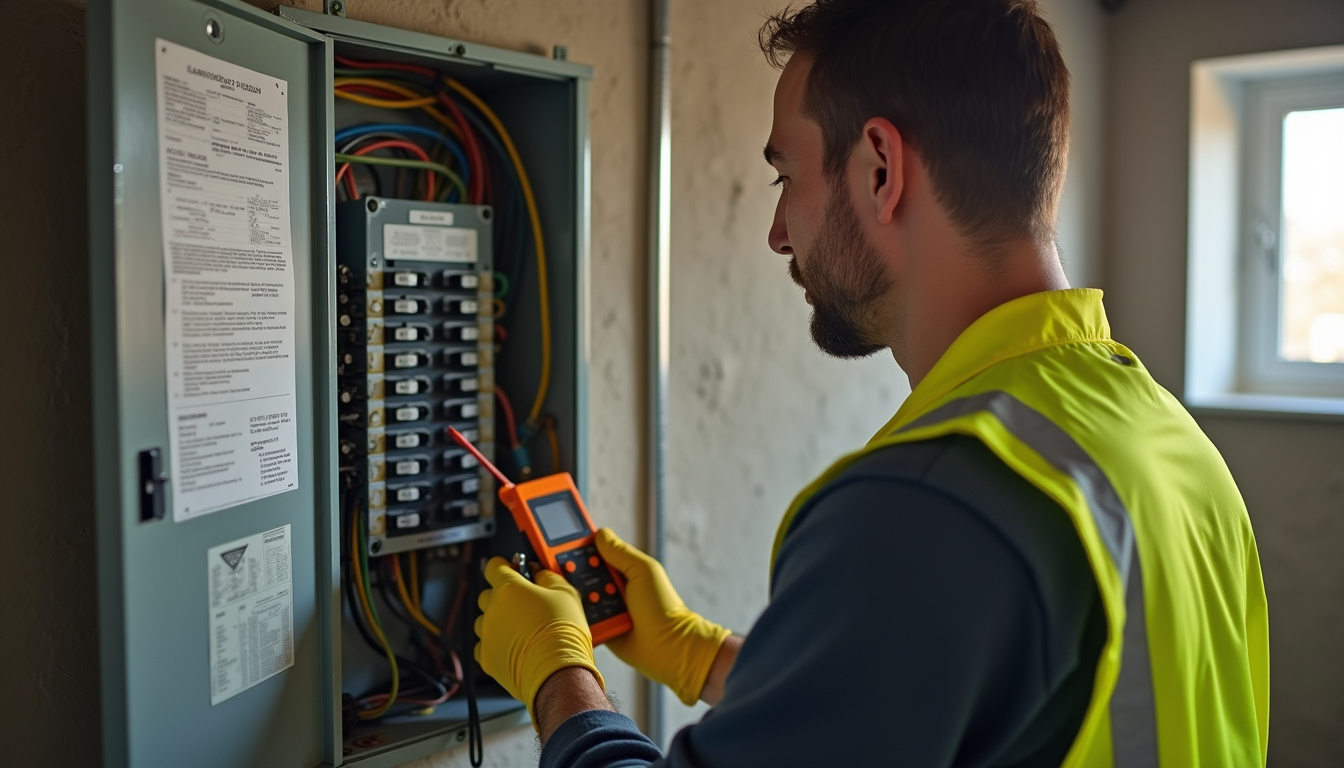 Électricien vérifiant un tableau électrique avant l'installation d'une borne de recharge à Charny Orée de Puisaye