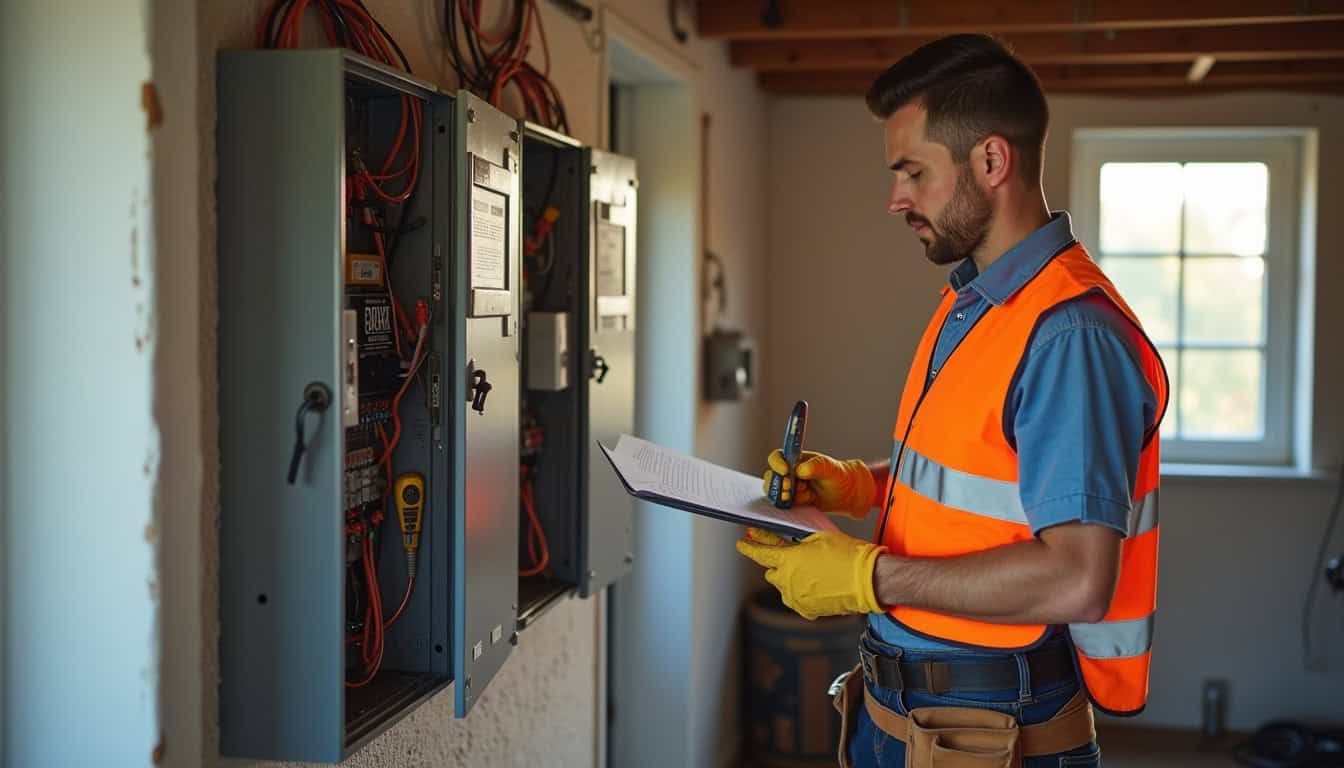 Électricien vérifiant un tableau électrique lors d'une visite technique préalable à l'installation d'une borne de recharge