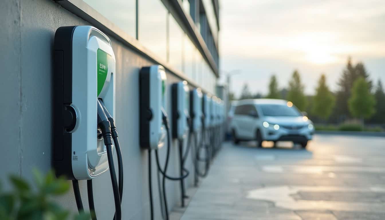 Ensemble de bornes de recharge installées sur un parking d'entreprise