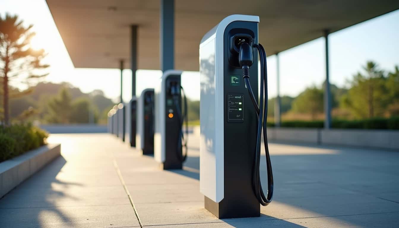 Ensemble de bornes de recharge publiques dans un parking du Touquet-Paris-Plage
