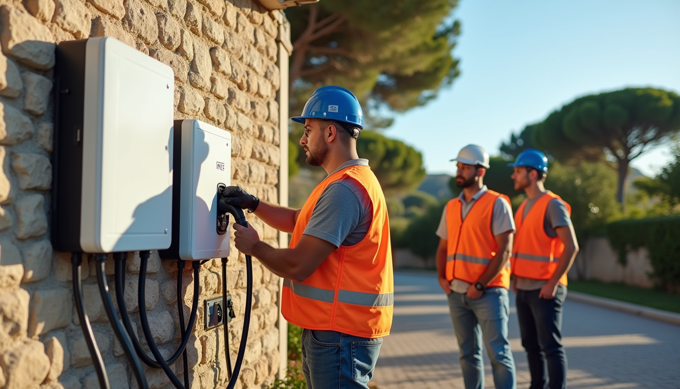 Équipe d'électriciens certifiés IRVE en train d'installer une borne de recharge à Cogolin