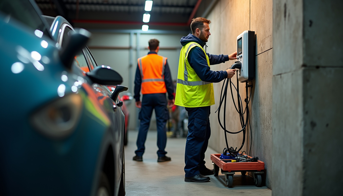 Équipe d’électriciens en train d’installer une borne de recharge murale dans un garage à Fleurance