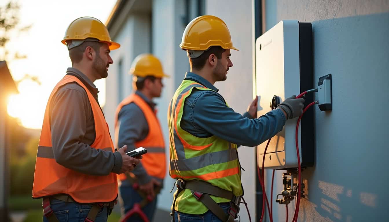 Équipe d'électriciens IRVE en train d'installer une borne de recharge murale à Quédillac, avec équipement de sécurité et matériel professionnel