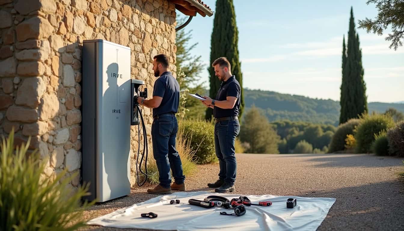 Équipe d'installateurs certifiés IRVE en train de poser une borne de recharge électrique à Velaux