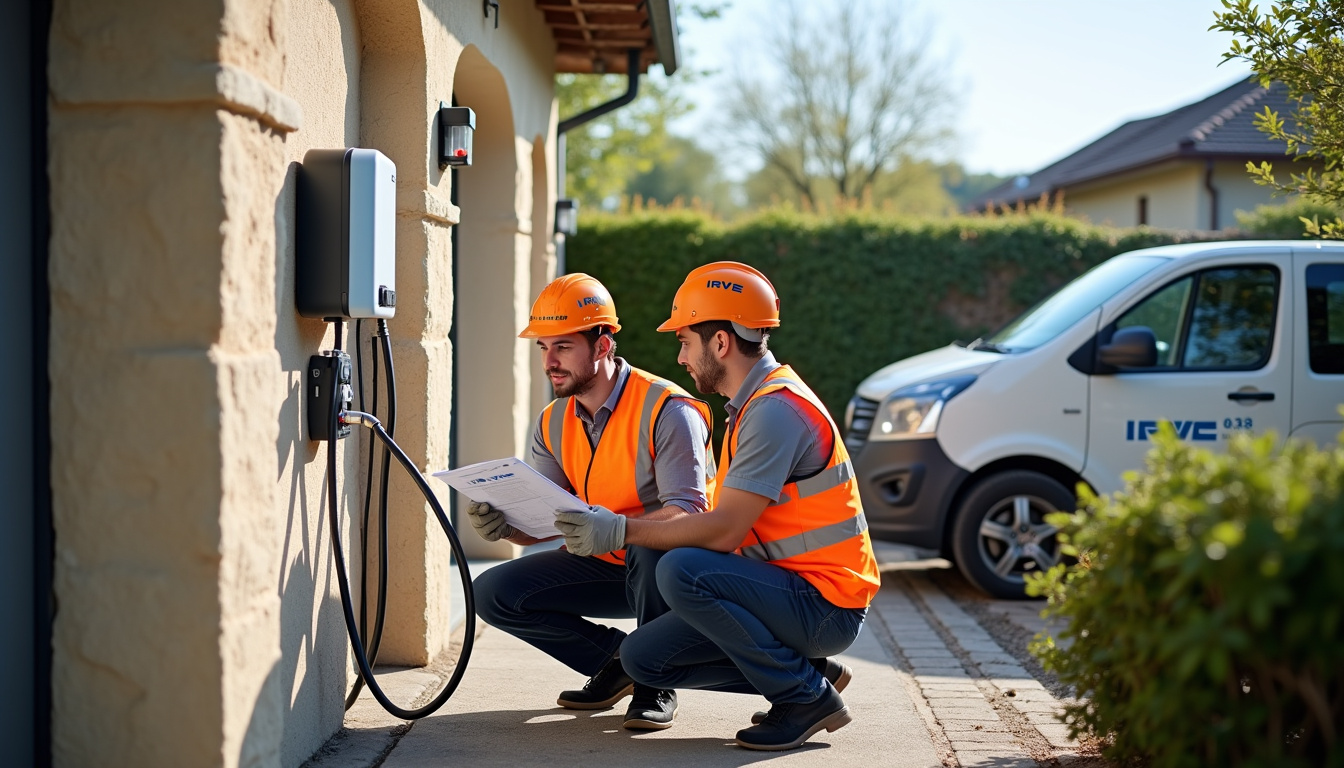 Équipe d'installateurs certifiés IRVE en train de poser une borne électrique à Rives-en-Seine