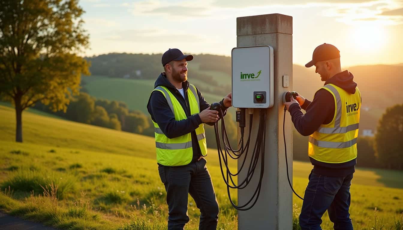 Équipe d'installateurs certifiés IRVE en train de poser une borne électrique dans les Ardennes