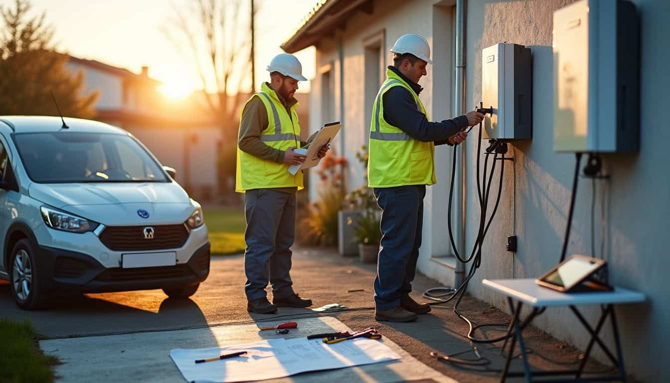 Équipe d'installateurs certifiés IRVE en train d'installer une borne de recharge à Labouheyre