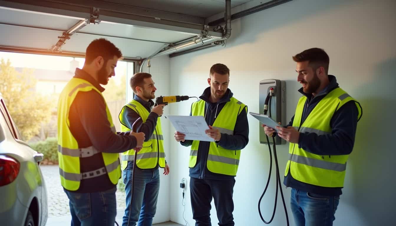 Équipe d'installateurs en intervention pour poser une borne de recharge à Agny