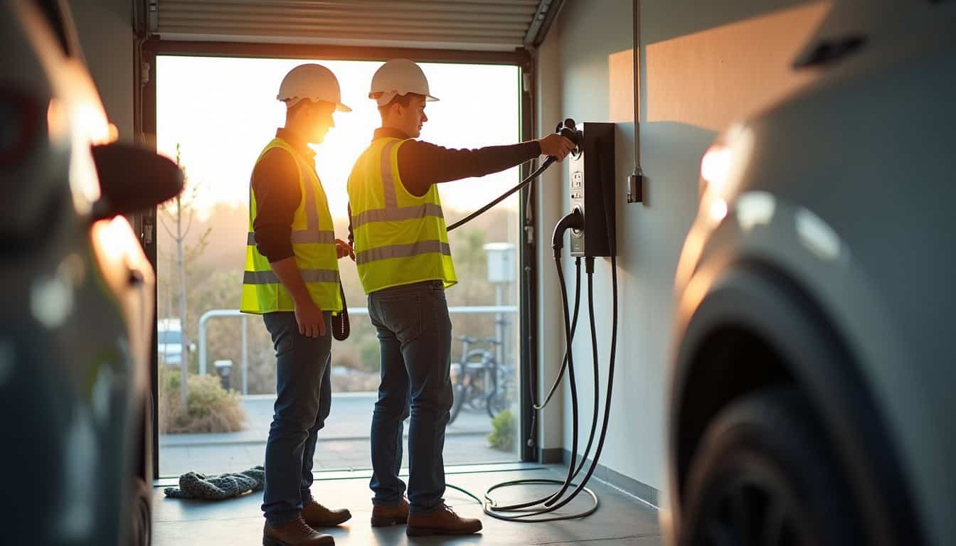 Équipe d’installateurs en train de fixer une borne de recharge électrique à Saint-Didier-de-Formans