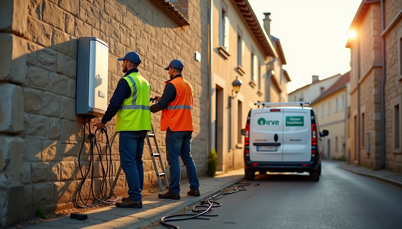 Équipe d’installateurs IRVE en train de poser une borne de recharge à Brioux-sur-Boutonne