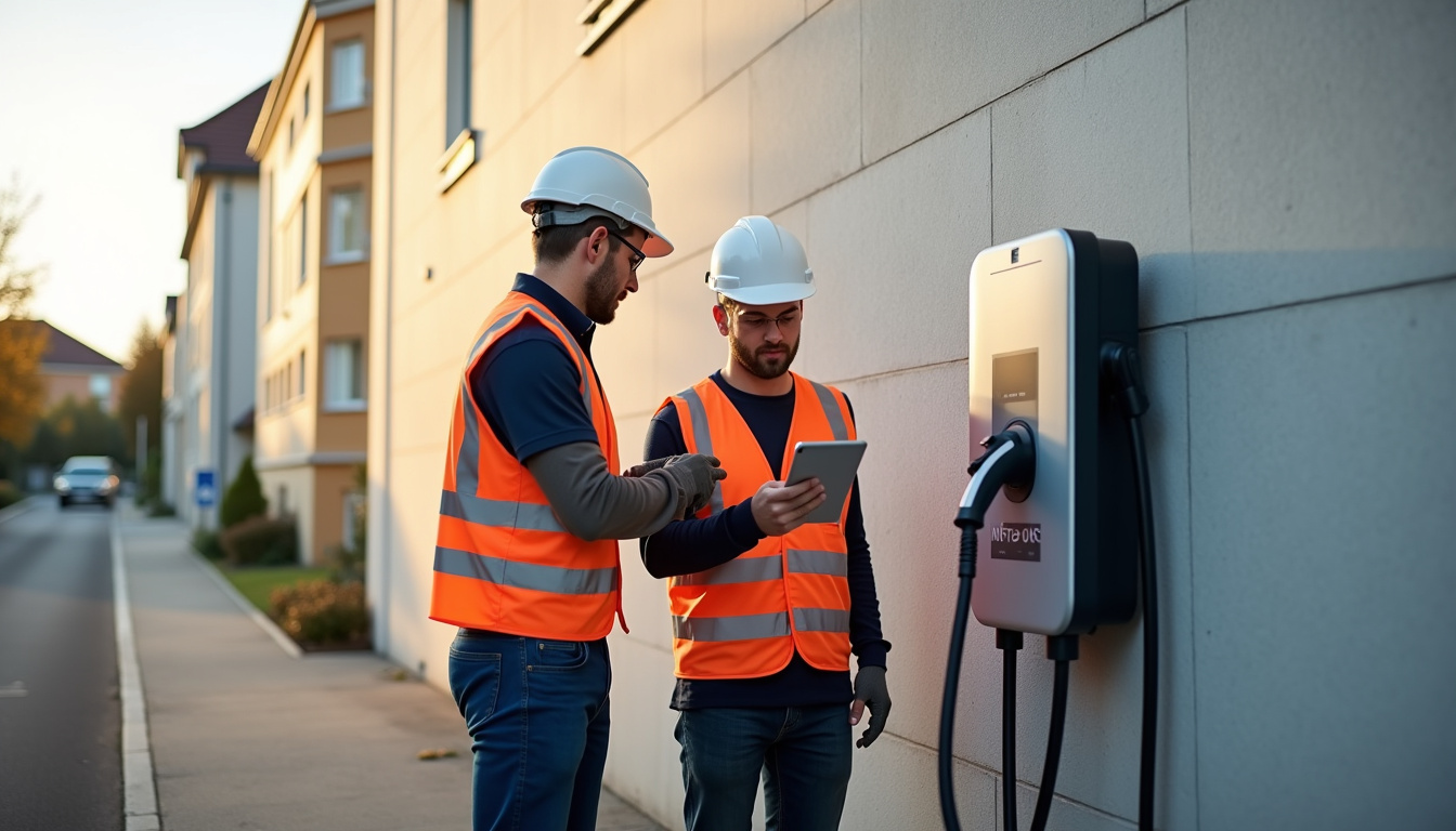 Équipe d'installateurs IRVE en train de poser une borne de recharge à Scharrachbergheim-Irmstett