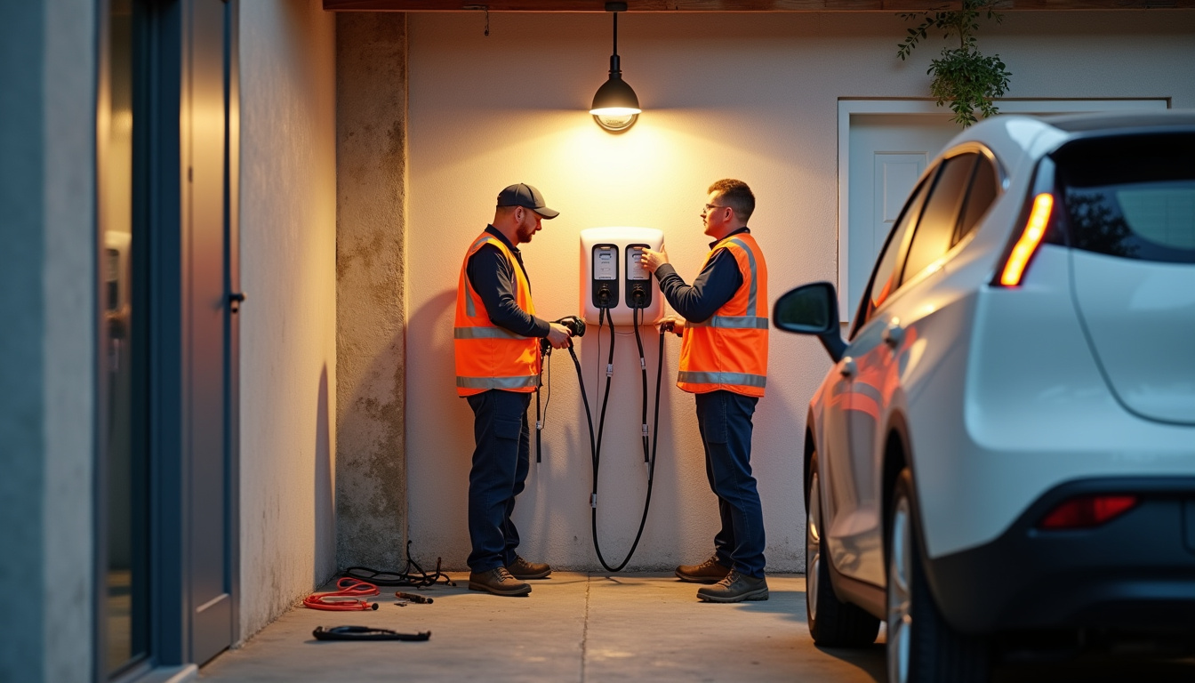 Équipe en train d'installer une borne de recharge murale dans un garage à Taintrux
