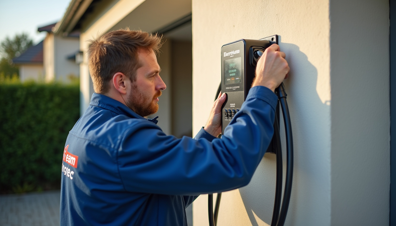 Équipe Langelec lors de l'installation d'une borne de recharge à La Fouillouse