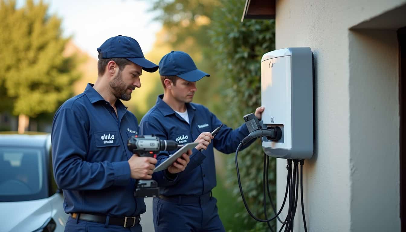 Équipe Yl Energie lors d'une installation de borne de recharge à Veauche