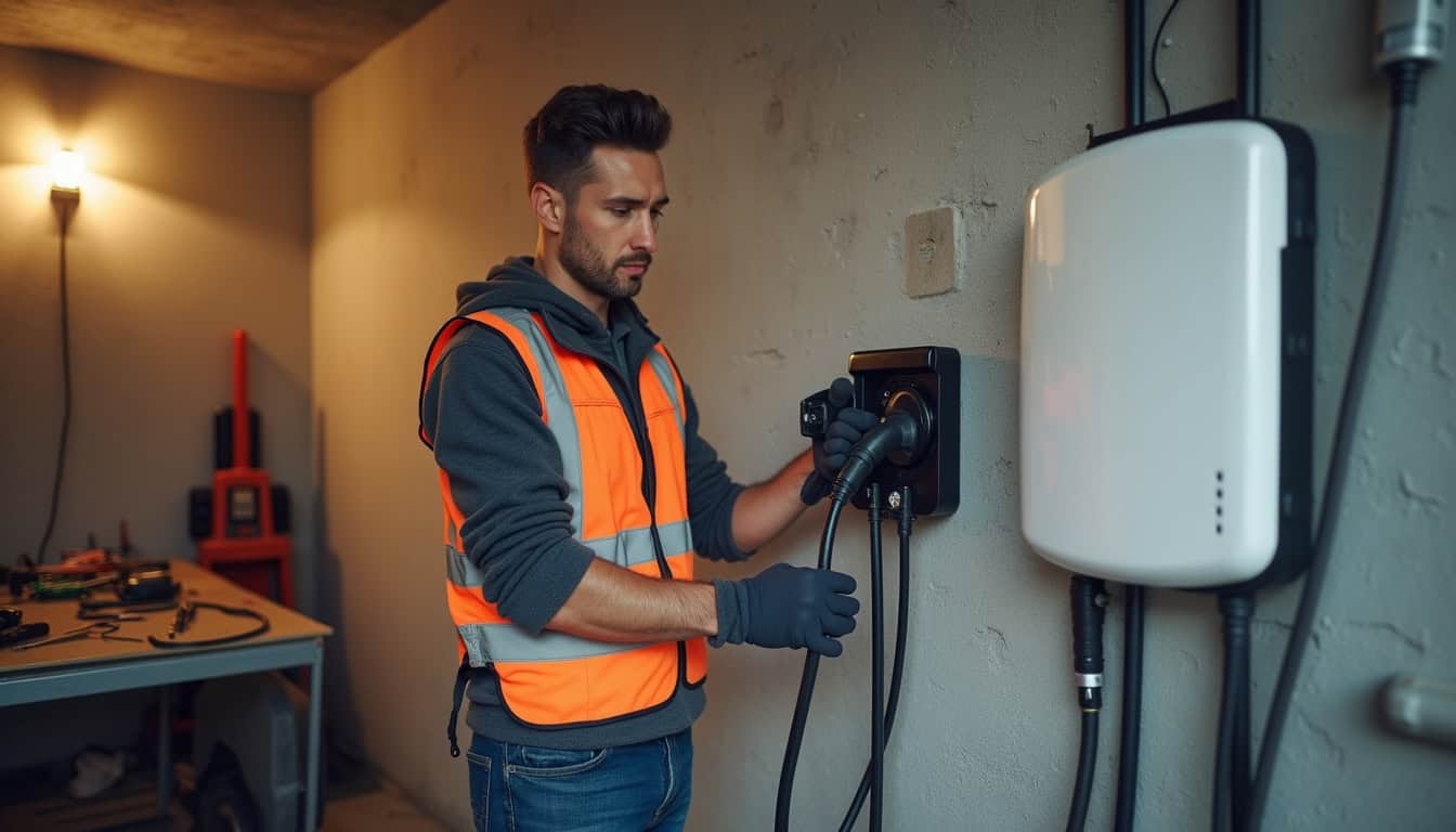 Étape d'installation d'une borne de recharge murale par un professionnel