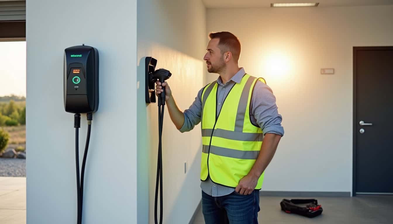 Étape d'installation d'une borne électrique à Acquigny par un technicien certifié IRVE