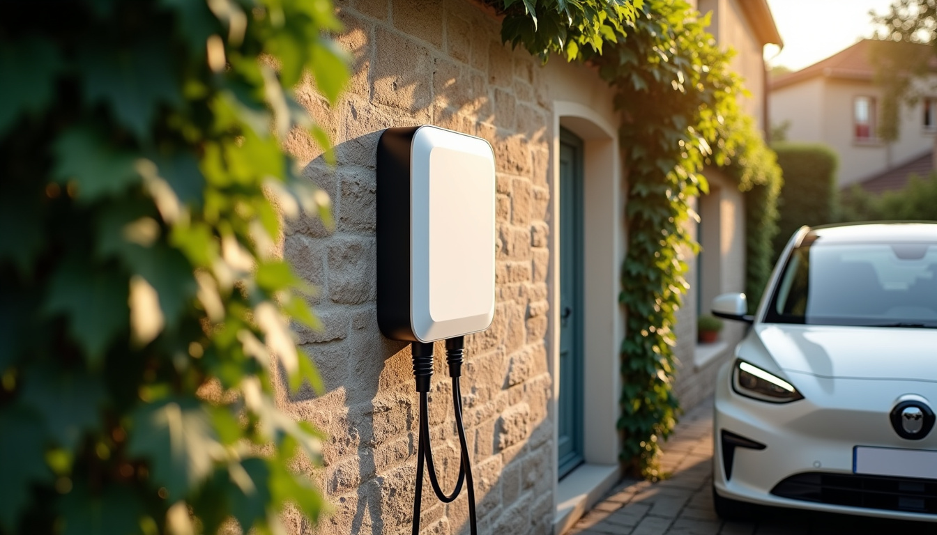 Exemple de borne électrique murale installée à l'extérieur d'une maison à Vendat