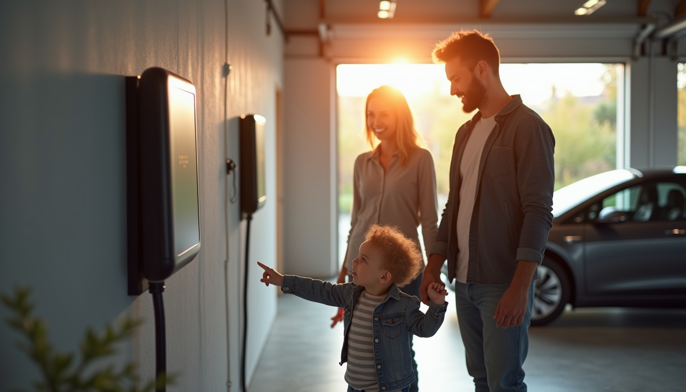 Famille avec jeune enfant regardant une borne électrique installée dans un garage