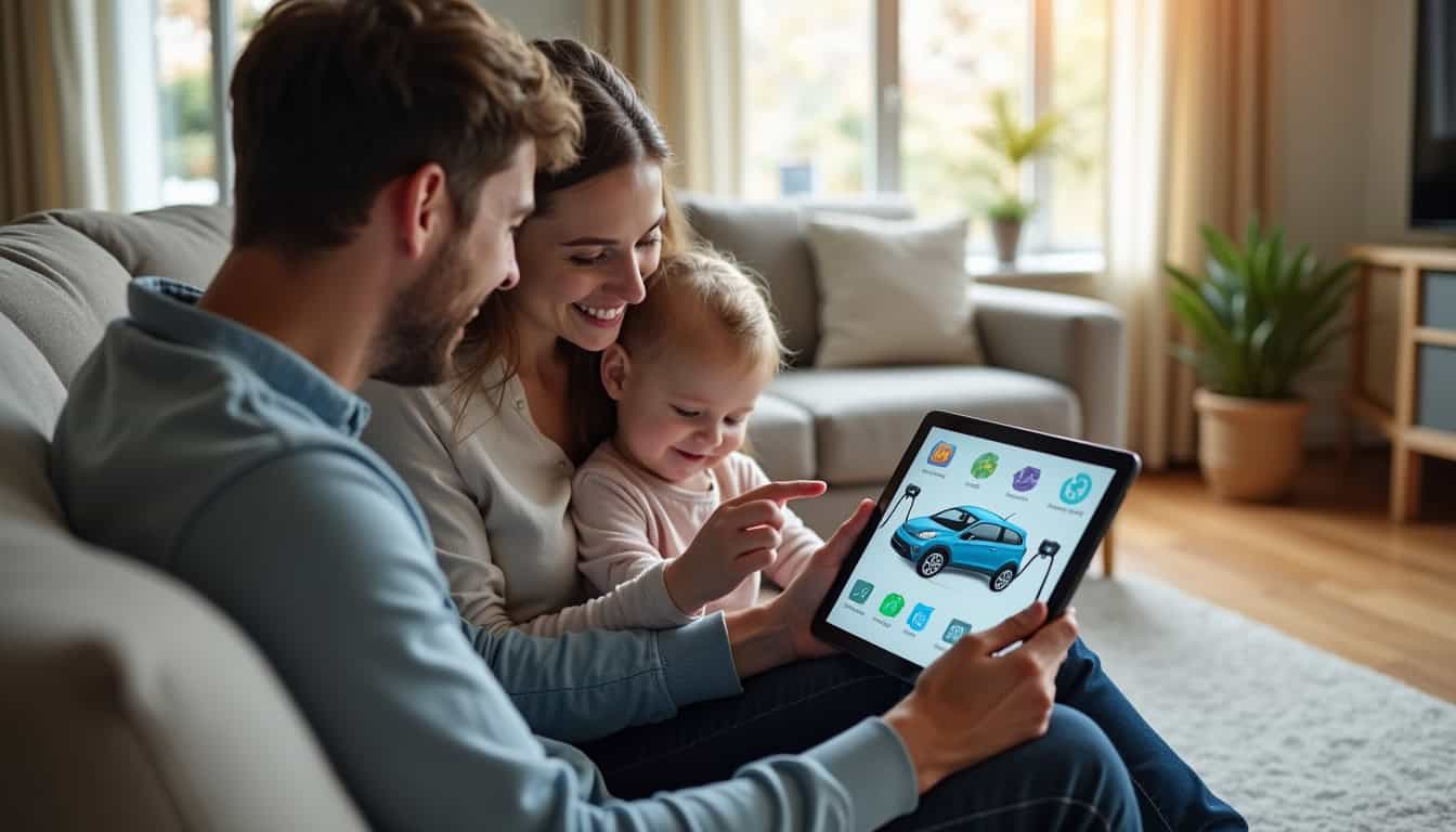 Famille consultant un devis d'installation de borne de recharge à Linxe sur une tablette