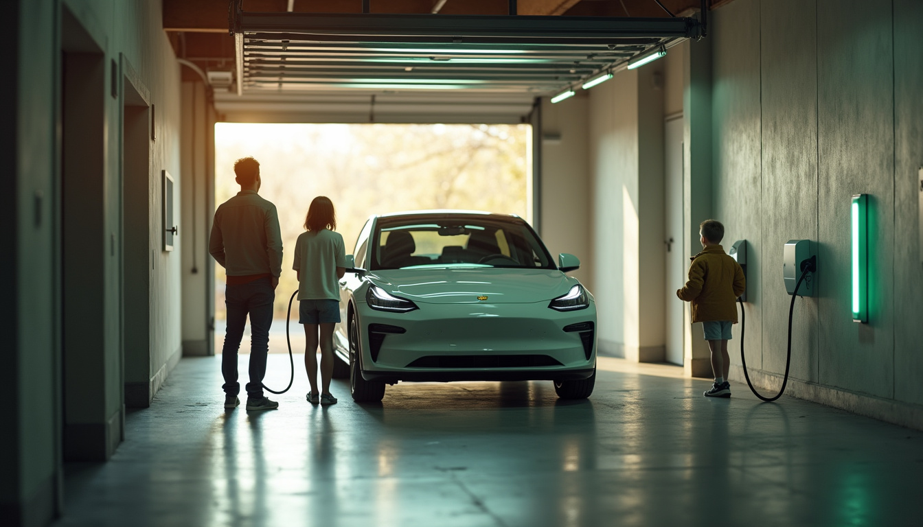 Famille devant un véhicule électrique dans un garage à Saint-Julien-lès-Metz